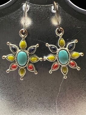 Chaps Flower Drop Earrings Turquoise Red Green Black Silver Vintage Jewelry